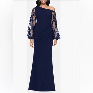 Adam One-Shoulder Navy Blue Maxi Skirt with Embroidered Sheer Sleeves